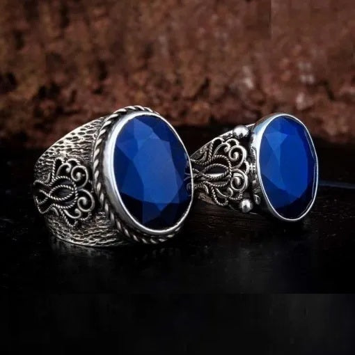 Blue Sapphire Handmade Women & Men Couple Rings Set