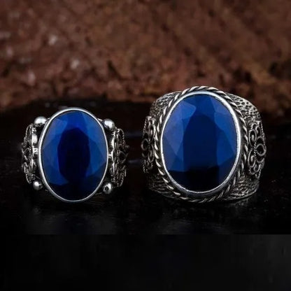 Blue Sapphire Handmade Women & Men Couple Rings Set