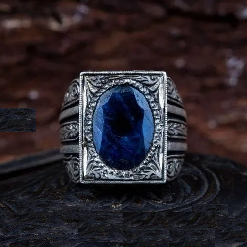 Blue Sapphire Rectangle Hand Engraved Men Ring