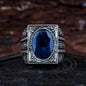 Blue Sapphire Rectangle Hand Engraved Men Ring