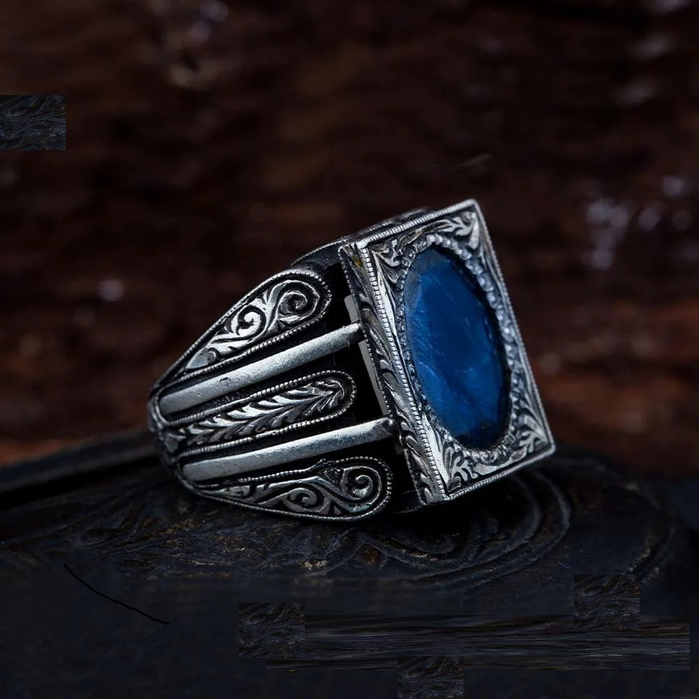 Blue Sapphire Rectangle Hand Engraved Men Ring