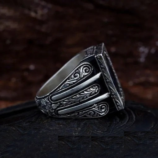 Blue Sapphire Rectangle Hand Engraved Men Ring