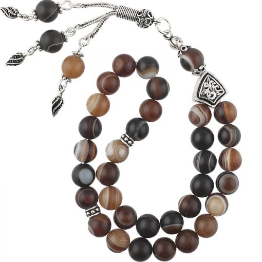 Brown Aqeeq Stone Silver Prayer Beads