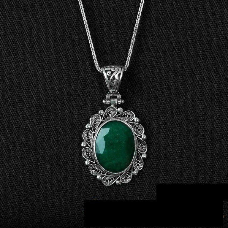 Emerald Green Filigree Silver Women Pendant