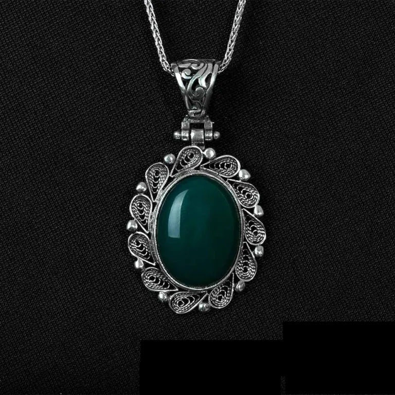 Green Aqeeq Filigree Silver Women Pendant