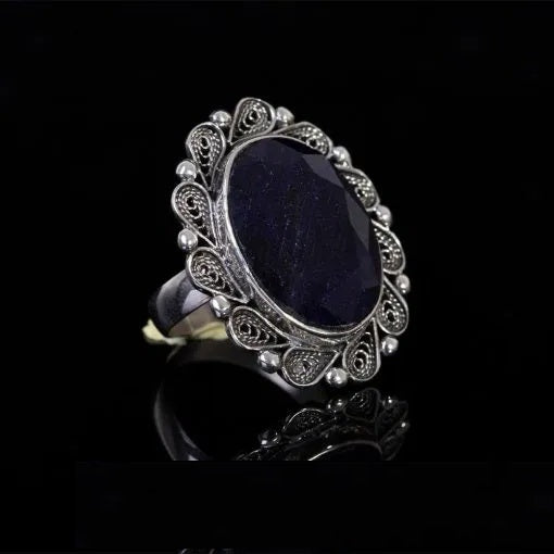 Sapphire Blue Filigree Silver Women Ring