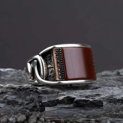 Exclusive Rectangle Red Aqeeq Men Ring