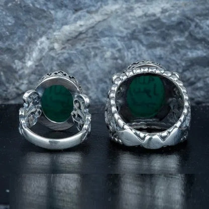 Green Aqeeq Seal of Prophet Muhammad Women & Men Couple Rings Set