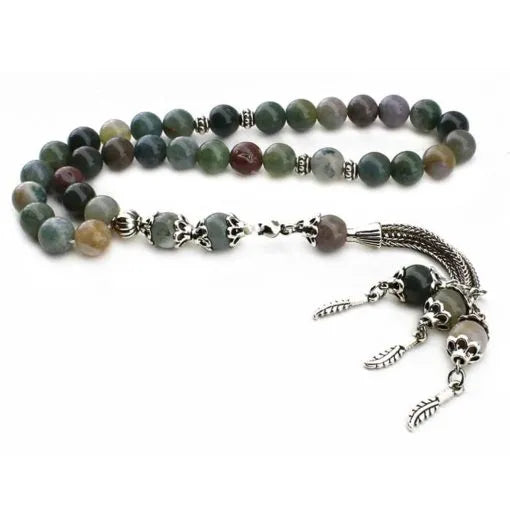 Green Aqeeq Stone Silver Prayer Beads