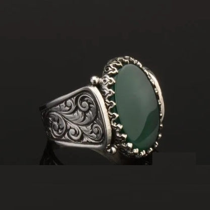 Hun Collection Flat Green Agate Silver Men Ring