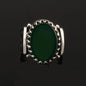 Hun Collection Flat Green Agate Silver Men Ring