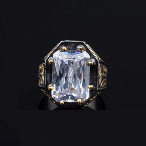 Masterpiece Collection White Zircon Gold Plated Oxidized Silver Ring