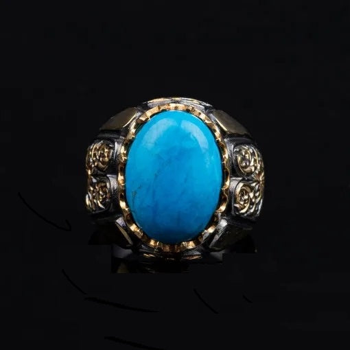 Masterpiece Collection Turquoise Feroza Oval Gilded Oxidized Silver Ring