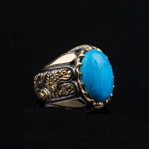 Masterpiece Collection Turquoise Feroza Oval Gilded Oxidized Silver Ring