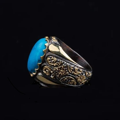 Masterpiece Collection Turquoise Feroza Oval Gilded Oxidized Silver Ring