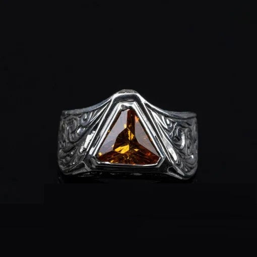 Triangle Cut Citrine Hand Engraved Silver Ring