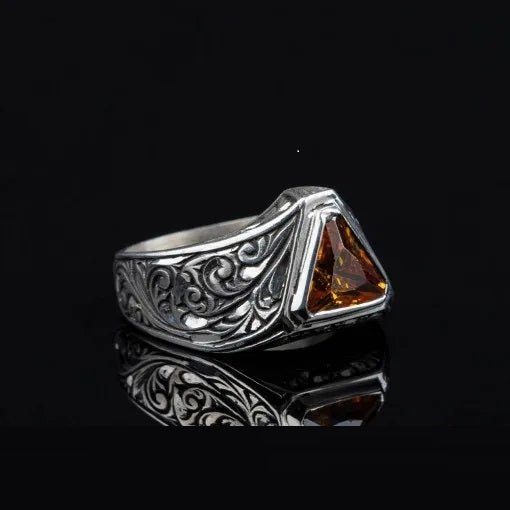 Triangle Cut Citrine Hand Engraved Silver Ring