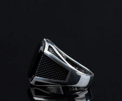 Black Onyx Rectangle Micro Cut Silver Ring