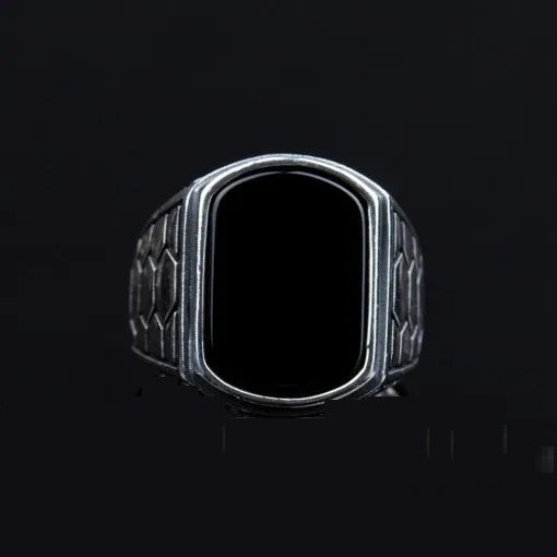 Rounded Rectangle Onyx Silver Ring