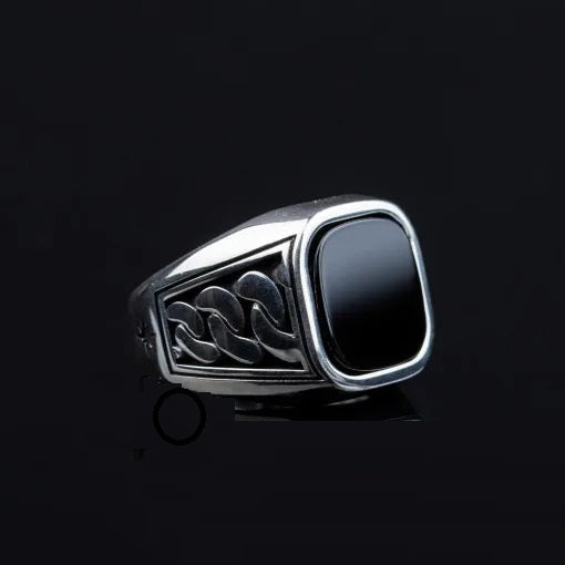 Square Black Onyx Chain Pattern Silver Ring