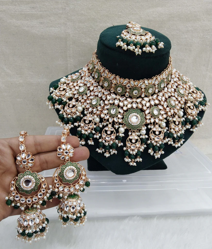 Rose gold green kundan choker necklace Set