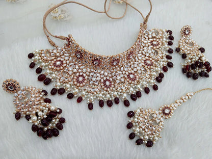 Rose gold maroon kundan choker necklace Set
