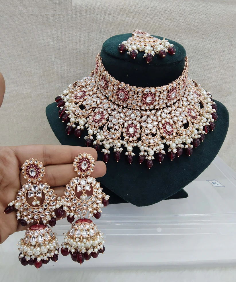 Rose gold maroon kundan choker necklace Set