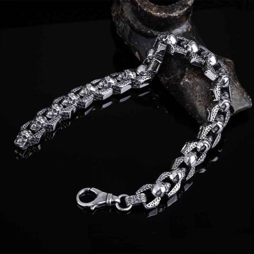 Skull Oxidized Silver Chain Bracelet For Men