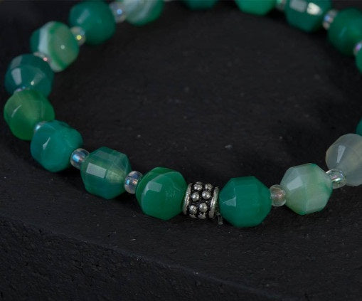 Striped Agate Green Faceted Beaded Elastic Bracelet