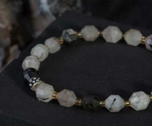 Rutilated Quartz Faceted Beaded Elastic Bracelet