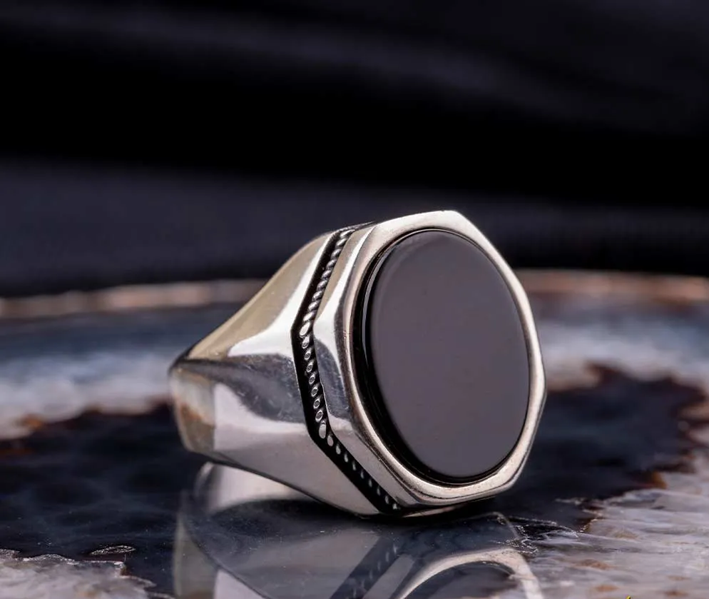 Octagon Green Aqeeq Silver Ring