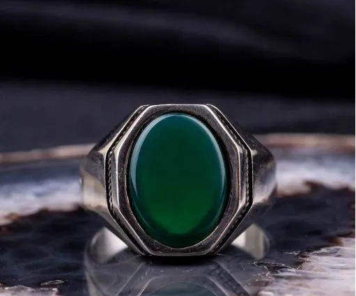 Octagon Green Aqeeq Silver Ring