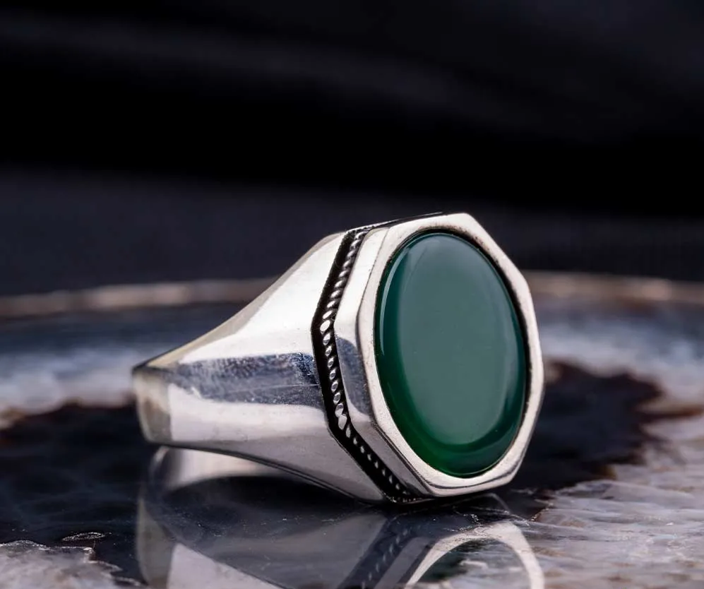 Octagon Green Aqeeq Silver Ring