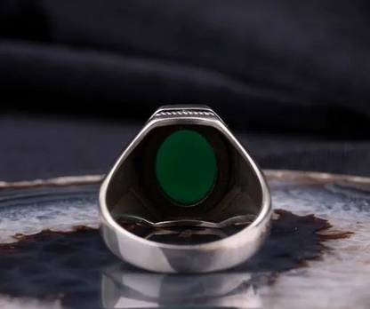 Octagon Green Aqeeq Silver Ring