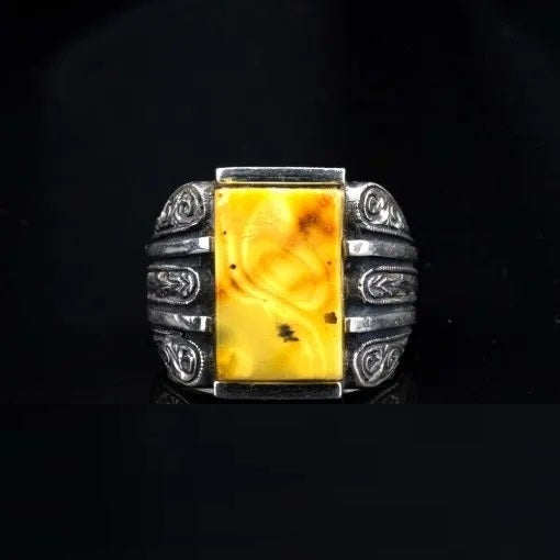 One of a Kind Yellow Amber Silver Ring No2