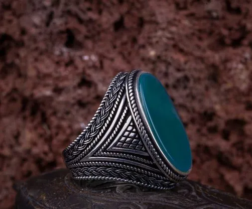 Oval Big Turquoise Knit Pattern Silver Ring