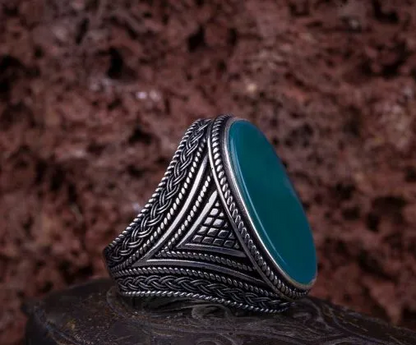 Oval Big Turquoise Knit Pattern Silver Ring