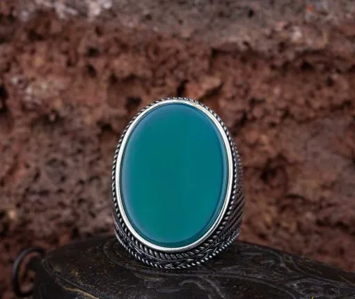 Oval Big Turquoise Knit Pattern Silver Ring