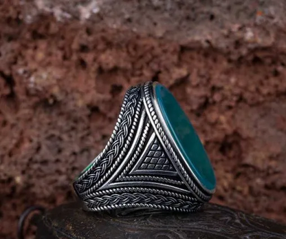 Oval Big Turquoise Knit Pattern Silver Ring