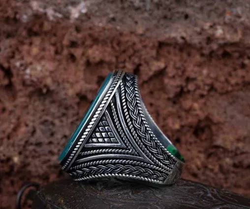 Oval Big Turquoise Knit Pattern Silver Ring