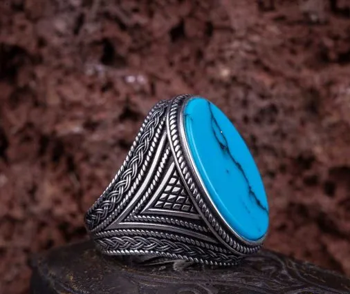 Oval Big Turquoise Knit Pattern Silver Ring