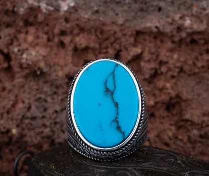 Oval Big Turquoise Knit Pattern Silver Ring