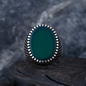 Oval Green Aqeeq Grid Pattern Silver Ring