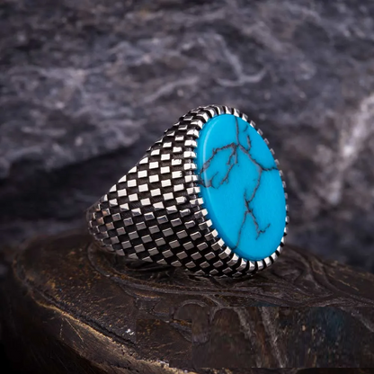 Oval Turquoise Grid Pattern Silver Ring