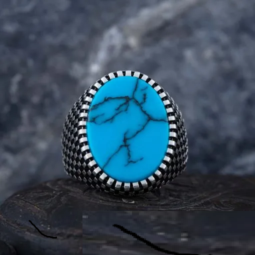 Oval Turquoise Grid Pattern Silver Ring