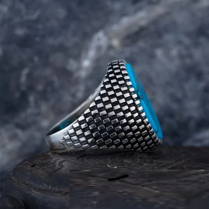 Oval Turquoise Grid Pattern Silver Ring