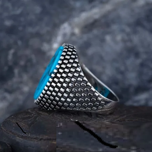 Oval Turquoise Grid Pattern Silver Ring