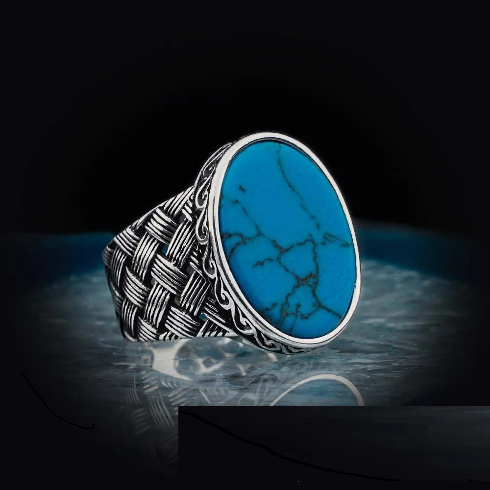 Oval Turquoise Knitted Silver Men Ring