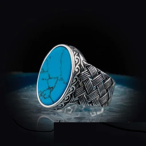 Oval Turquoise Knitted Silver Men Ring