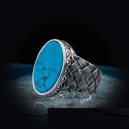 Oval Turquoise Knitted Silver Men Ring